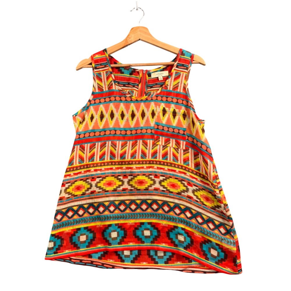 Umgee Boho Tribal Tank Top Women S Orange Blue Yellow Geometric Print Sleeveless